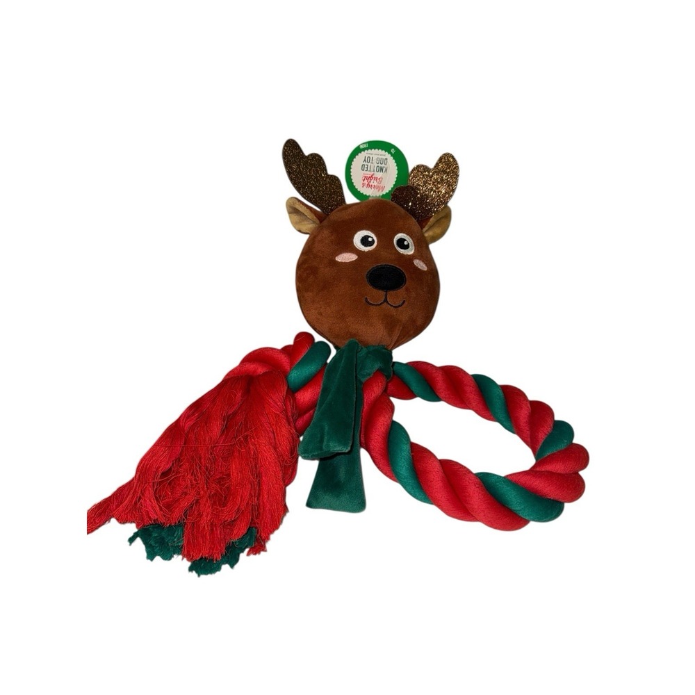 Merry &‎ Bright Jolly 36" Dog Toy Knotted Rope Red Green REINDEER Plush Tug Chew